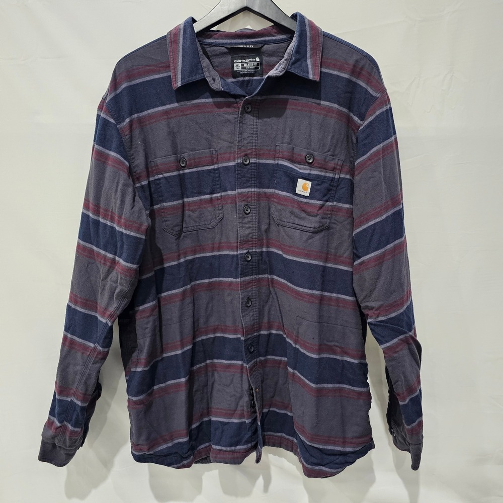 Carhartt Rugged Mens 2XL Flex Fleece Lined Flannel Shirt Jacket Tall Blue Stripe